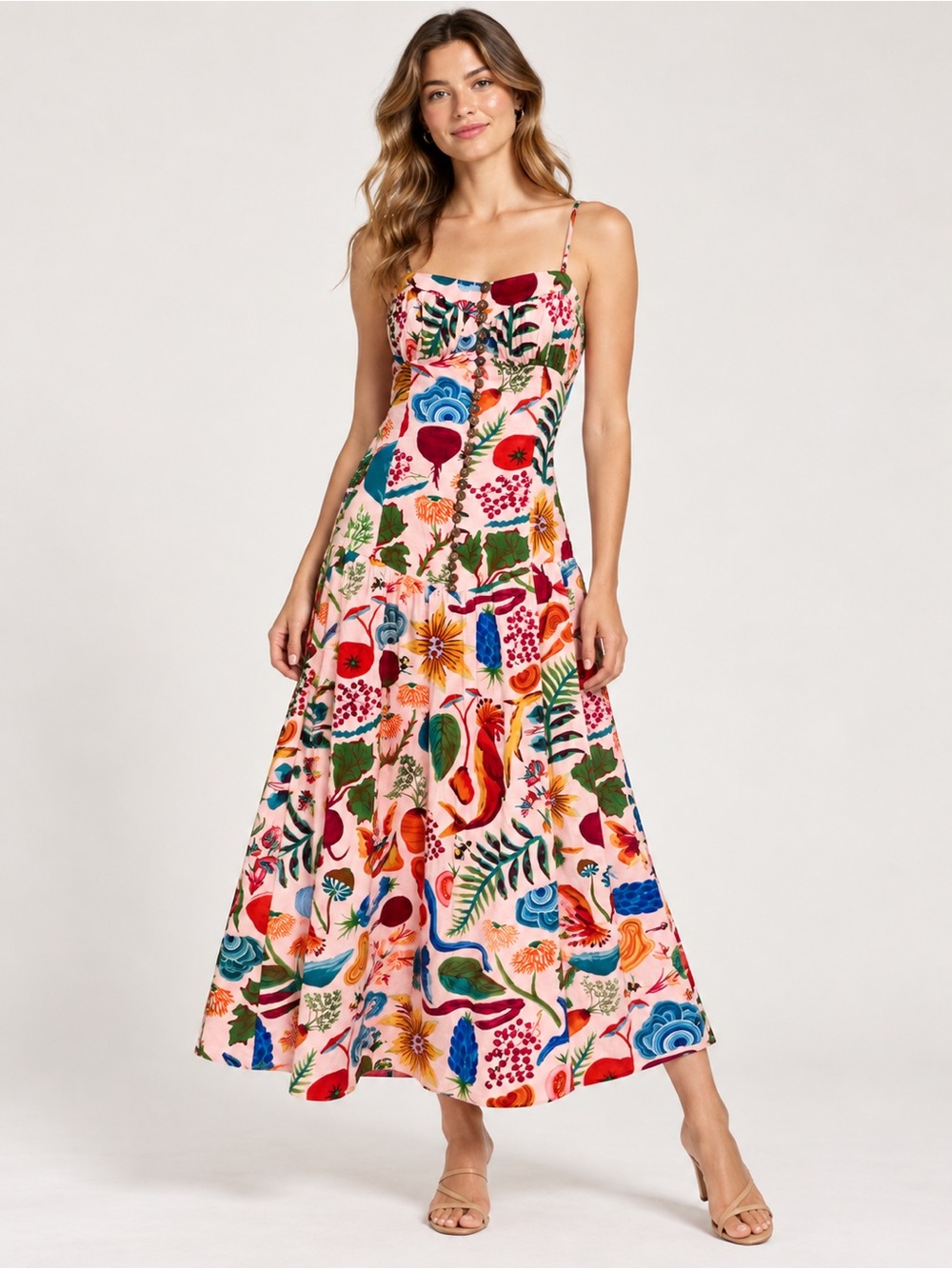 FARM Rio Bright Farm Pink Botanical Linen Blend Drop Waist Maxi Dress M